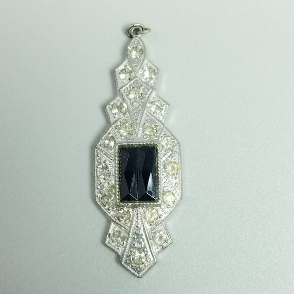 Vintage Black Rhinestone and Silver Tone Pendant, Art Deco Style, Retro Estate - Picture 2 of 7